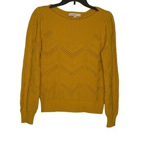 LOFT Knit Sweater Yellow Chevron S Mustard Cozy Pullover Puff Shoulder Sleeves